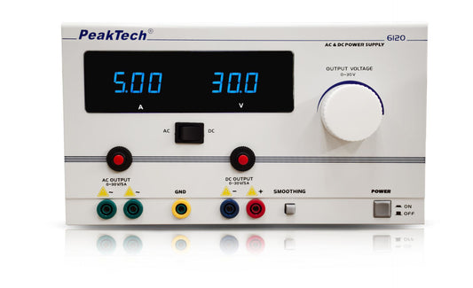 PeakTech 6120 AC/DC laboratoriestrømforsyning med på 0 - 30 V,  5 A.